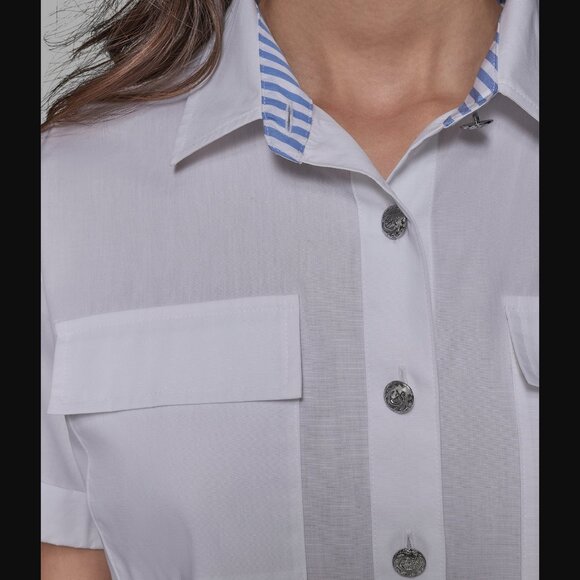 KARL LAGERFELD PARIS Limited Edition Poplin Short Sleeve Button Top Shirt Crop - Picture 5 of 6